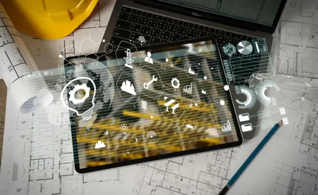 Tablet displaying AI-powered data and search icons over construction plans, with hard hat and laptop on desk