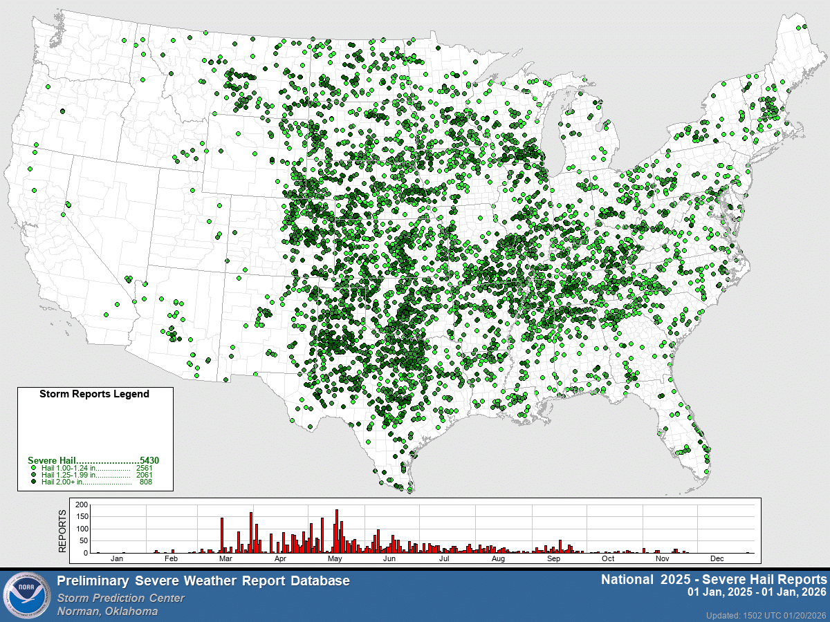 NOAA map showing hail storms across the U.S. in 2025
