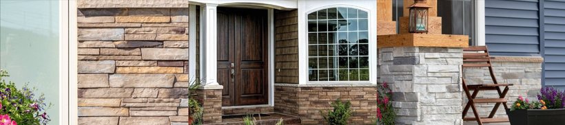 Versetta Stone mortarless stone veneer installed on home exteriors in multiple colorways